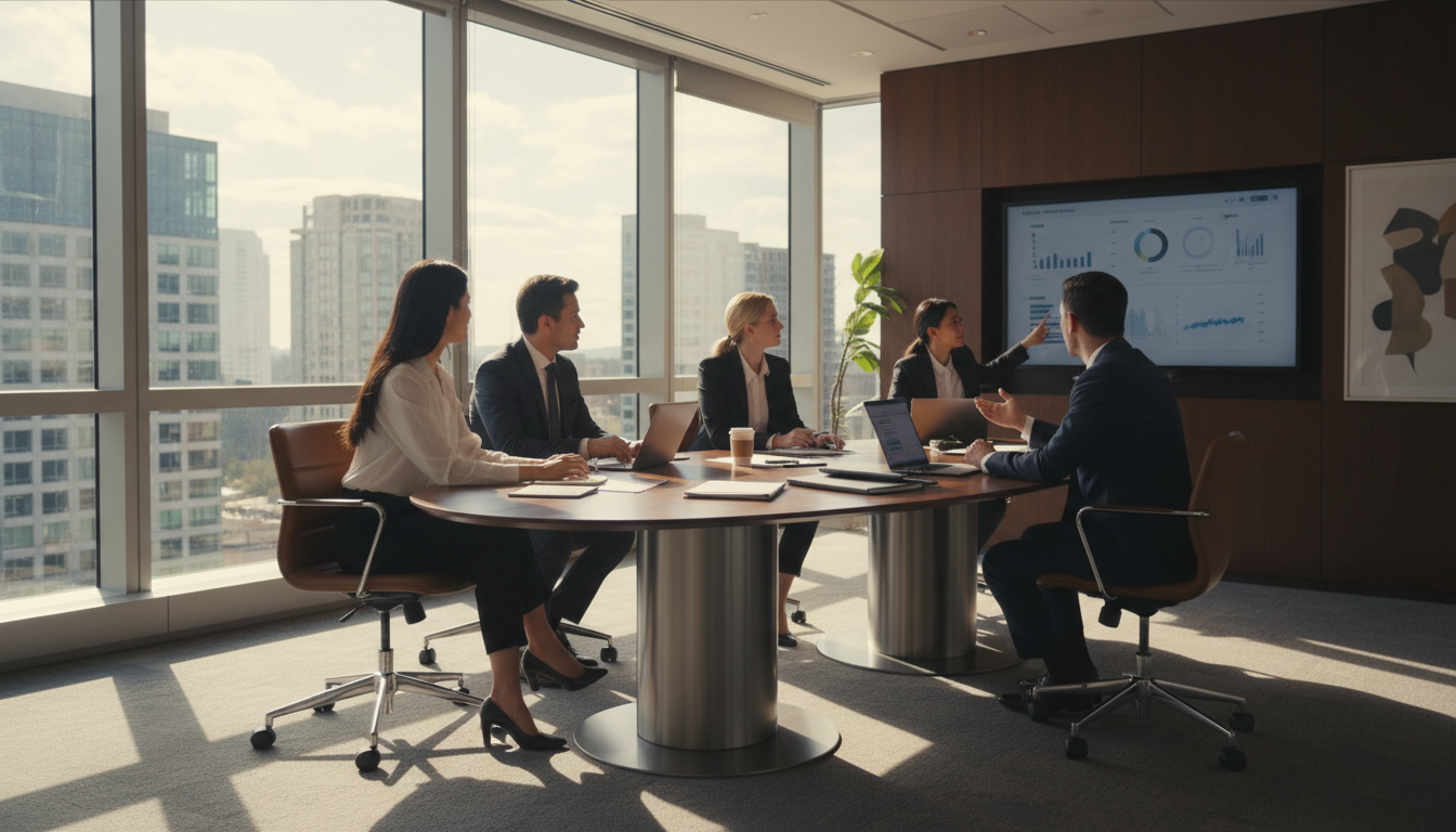 A professional insurance office setting with a diverse team of advisors sitting around a modern conference table, natural sunlight streaming through large windows, high-quality photography, photorealistic style.