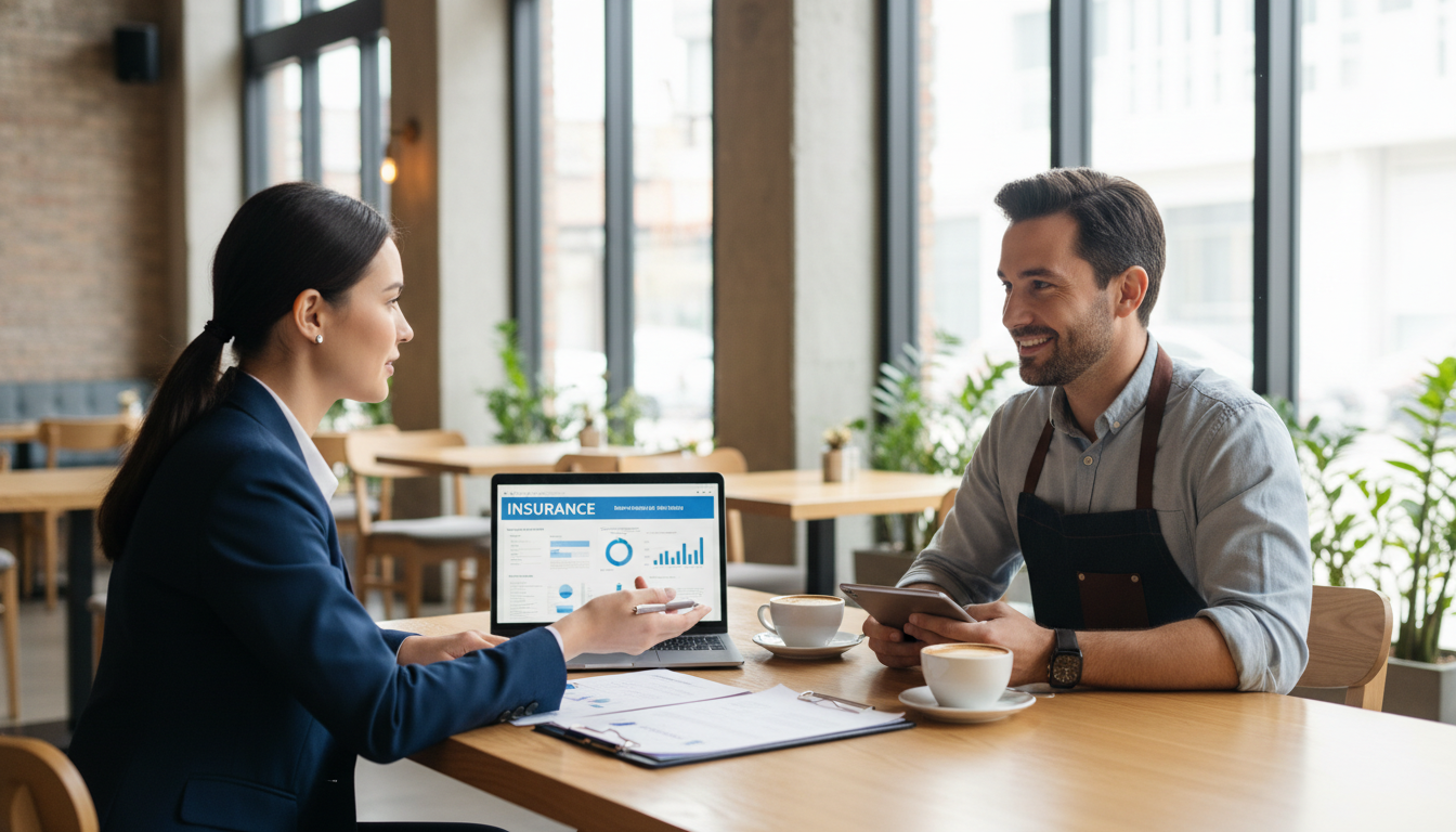 A professional insurance agent and a restaurant owner sitting at a wooden table in a modern, sunlit restaurant interior, reviewing documents and a laptop, photorealistic style, high resolution, soft natural lighting.