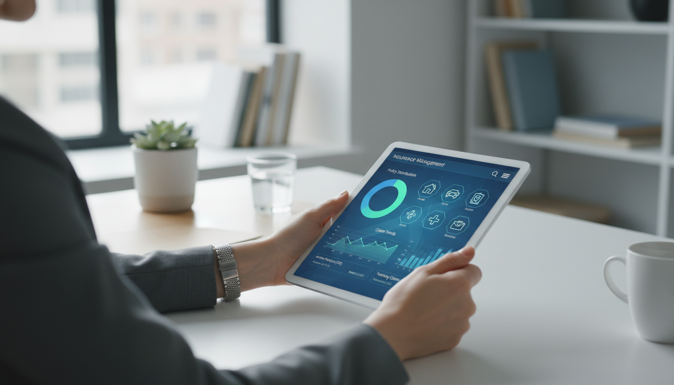 A high-quality, photorealistic close-up of a professional person using a sleek tablet to access a modern insurance management dashboard. The screen displays clear charts and policy icons. The setting is a brightly lit, modern home office with a minimalist aesthetic.