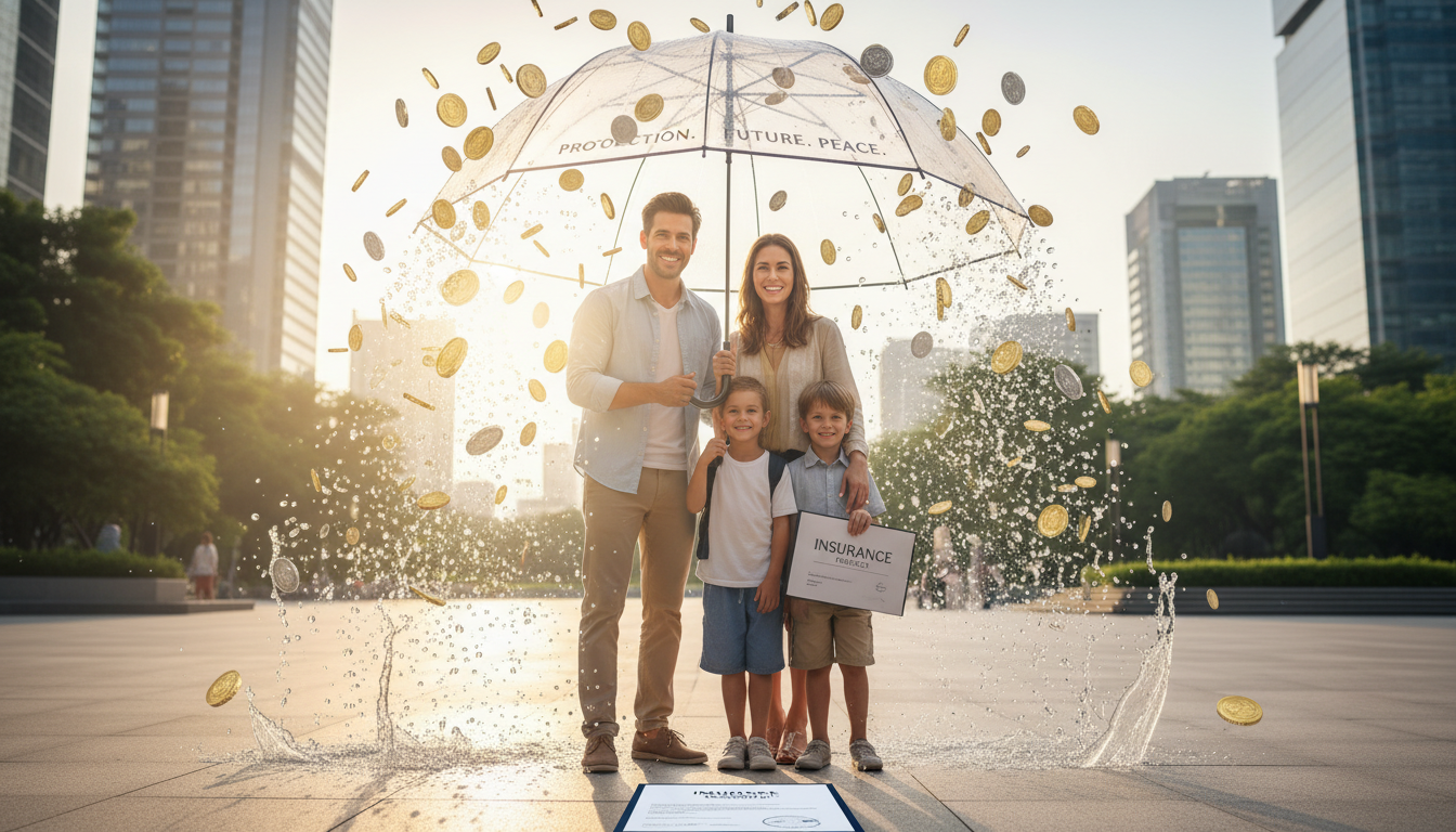 A professional and clean wide-angle shot of a family standing safely under a large, translucent umbrella that is shielding them from falling coins and rain, representing the protective nature of an insurance policy in a modern, sunlit environment, photorealistic style.