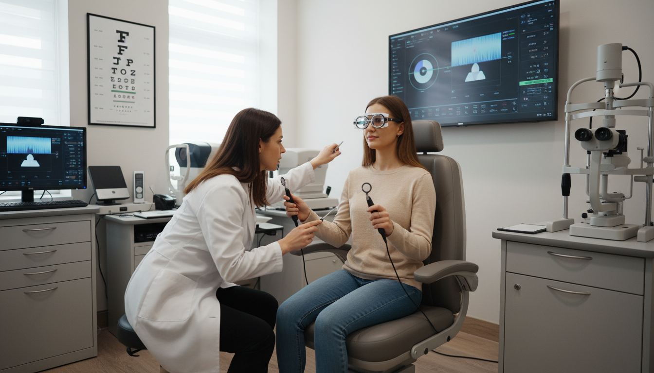 A professional optometry office setting with a patient performing vision therapy exercises using specialized equipment like prisms and computerized tracking tools under the guidance of a specialist, high-resolution, photorealistic, soft lighting.