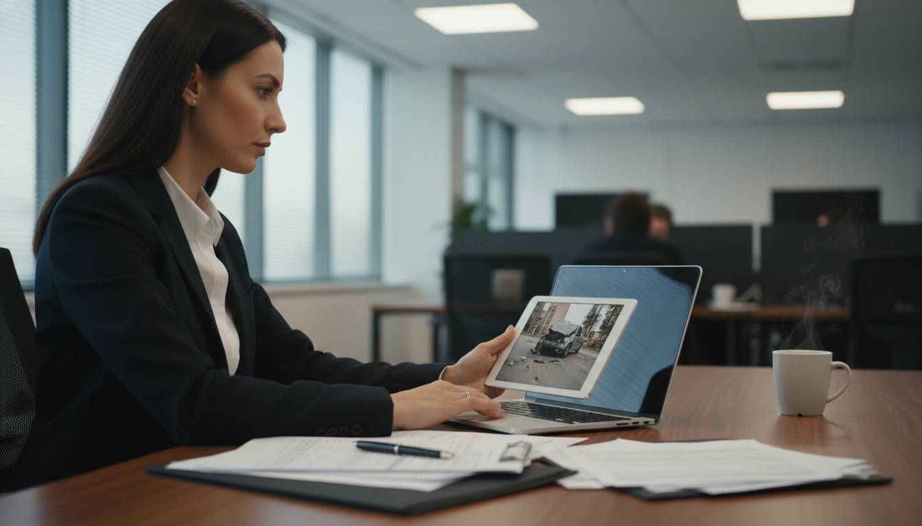 A professional insurance agent sitting at a desk with a laptop and documents, looking at a car accident photo on a tablet, photorealistic style, soft office lighting.