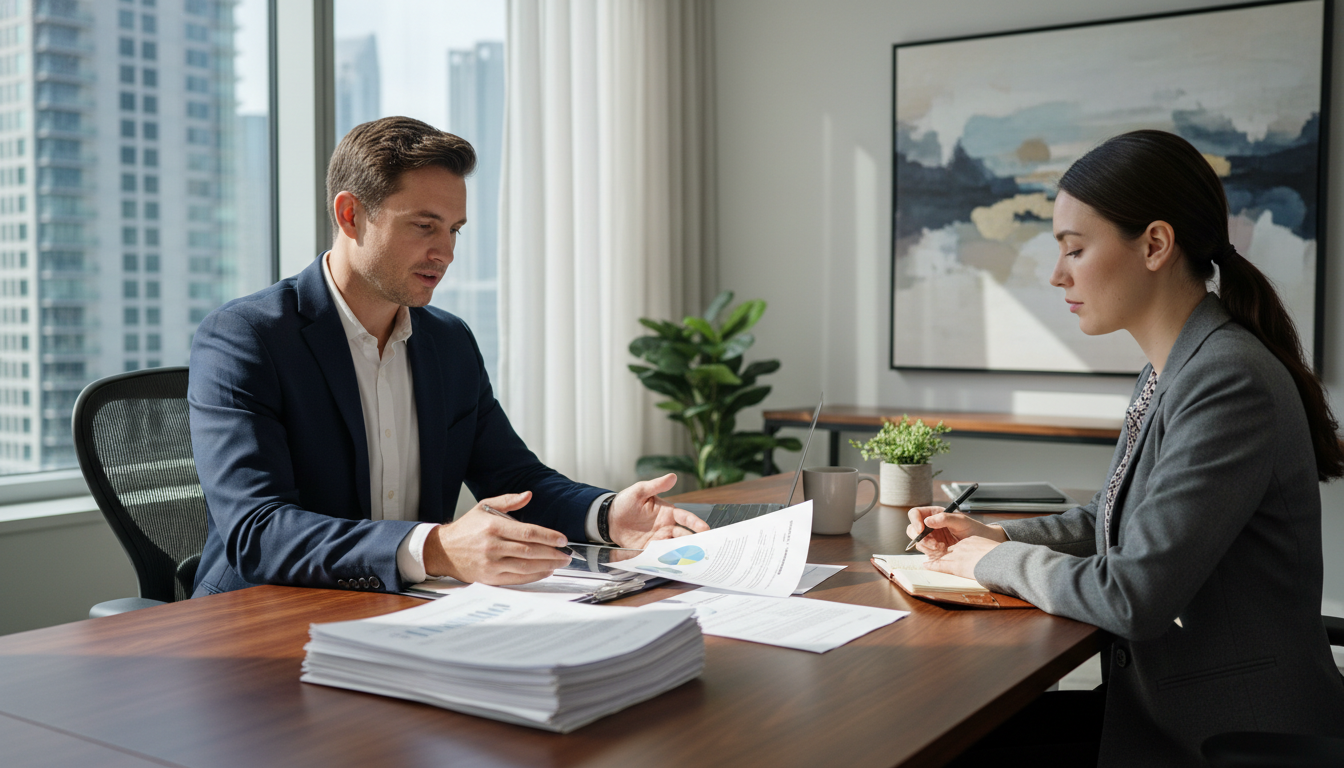 A professional modern office setting with a business consultant reviewing insurance documents on a sleek wooden desk, high-quality photography, soft natural lighting, realistic textures.