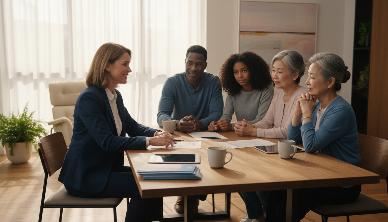 A detailed, photorealistic image of a professional insurance advisor sitting across a table from a diverse family in a sunlit, modern home office, reviewing documents with a sense of security and trust, 8k resolution, cinematic lighting.