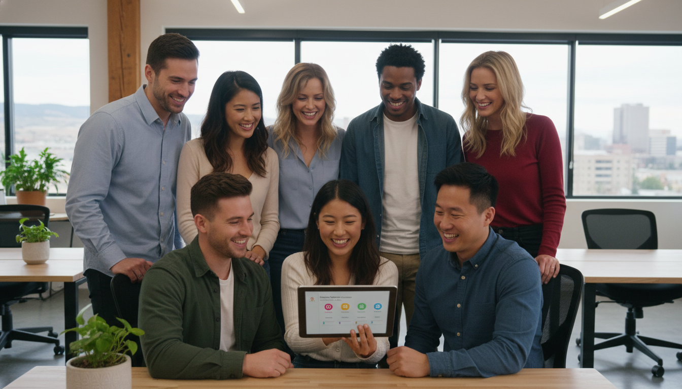 A professional, photorealistic image of a diverse group of small business employees in a modern office setting in Boise, Idaho, smiling and looking at a digital tablet showing healthcare benefits, with a clean and bright atmosphere.
