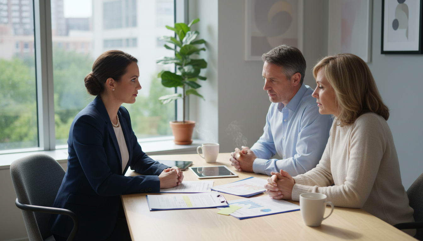 A professional insurance advisor sitting across a wooden desk from a middle-aged couple in a bright, modern office, discussing life insurance documents, soft natural lighting, photorealistic style, high quality.