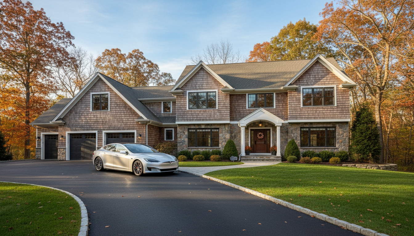 A professional-looking suburban home in Massachusetts with a clean, modern car parked in the driveway during a clear autumn day, reflecting safety and financial security.