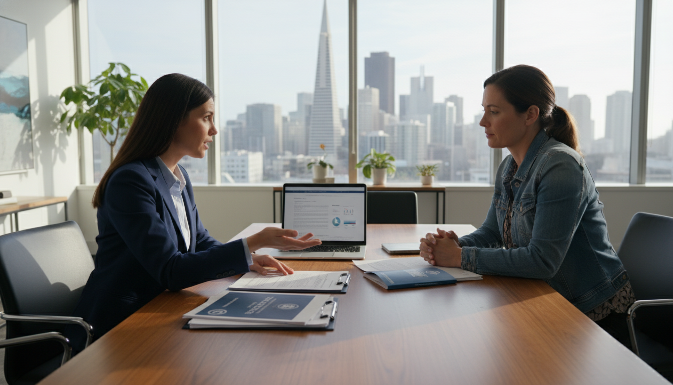A professional business consultant in a modern San Francisco office discussing legal documents and insurance policies with a small business owner, high-resolution, photorealistic, natural morning light, depth of field, 8k resolution.
